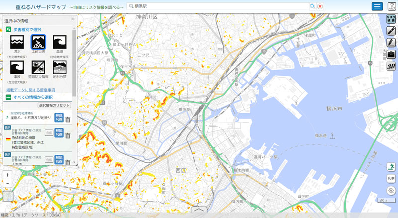 図：国土交通省・重ねるハザードマップ（土砂災害・横浜駅周辺）